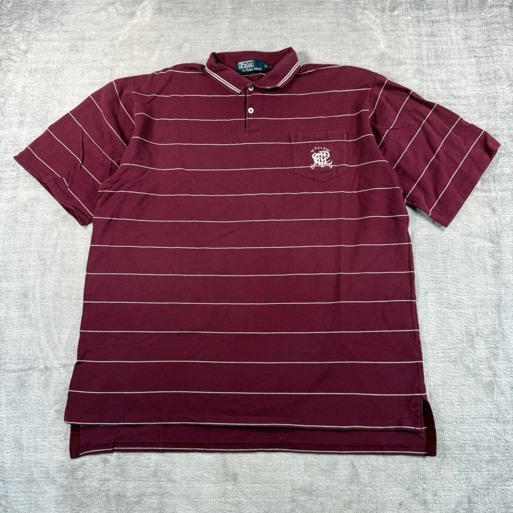 Polo Ralph Lauren Shirt Mens XL Burgundy Vtg Striped Pocket Crest Logo USA Made
